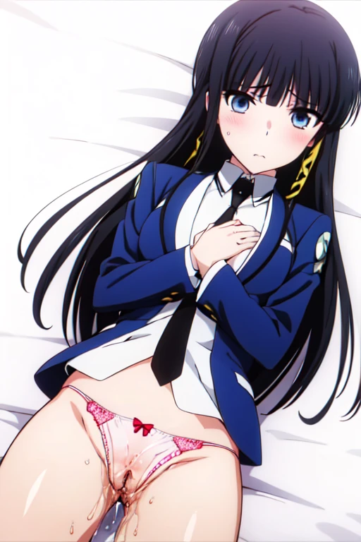 alone, One girl, View Viewer, 2D, anime, anime coloring, Upper Body, (White background:1.3), Miyuki Shiba, , Jacket, tie, View Viewer, Masturbation,orgasm,Masturbation,Love juice,Climax,(( 指で膣を触ってMasturbationする)),Pussy juice,chest,Fingering,Wet Panties,Pussy juice stain,Put your hands in your panties,