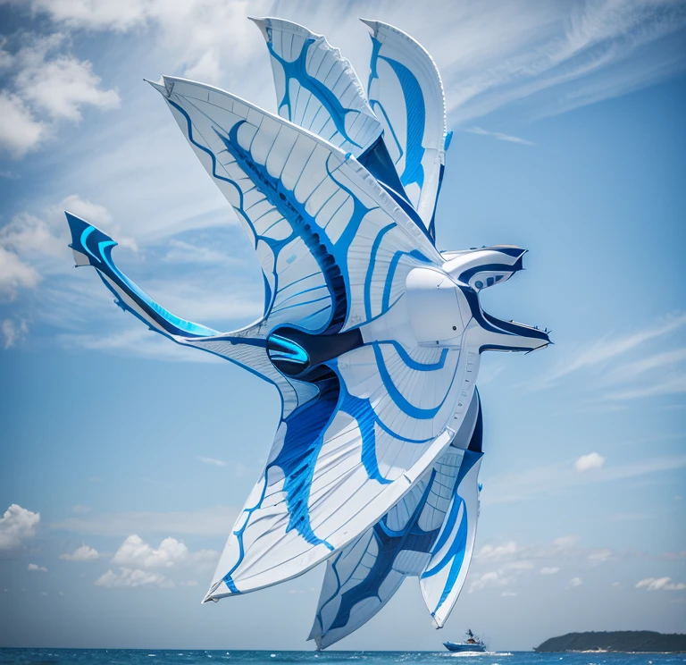 A giant manta, white with blue fluorescent designs in the back, with 6 wings, photorealistic, 8k, uhd, masterpiece