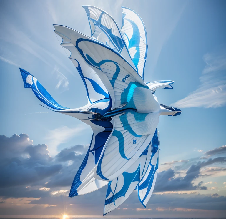 A giant manta, white with blue fluorescent designs in the back, with 6 wings, photorealistic, 8k, uhd, masterpiece 