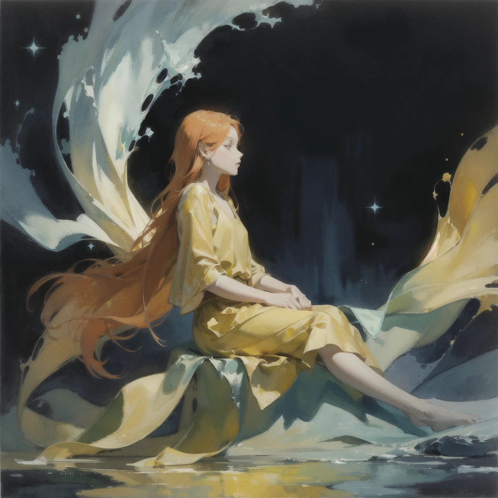alone in the universe, Surrealism, Paint in watercolor style, Photorealism, discreet golden and ruby and mint shades