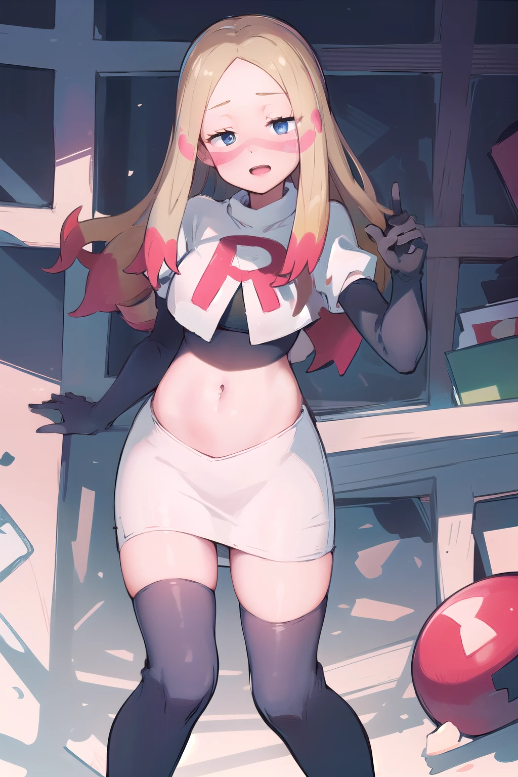 masterpiece, best quality, highres, abcmina, long hair, eyelashes, half-closed eyes, facepaint, team rocket,team rocket uniform,white skirt,red letter R,crop top,black thigh-highs,black elbow gloves,