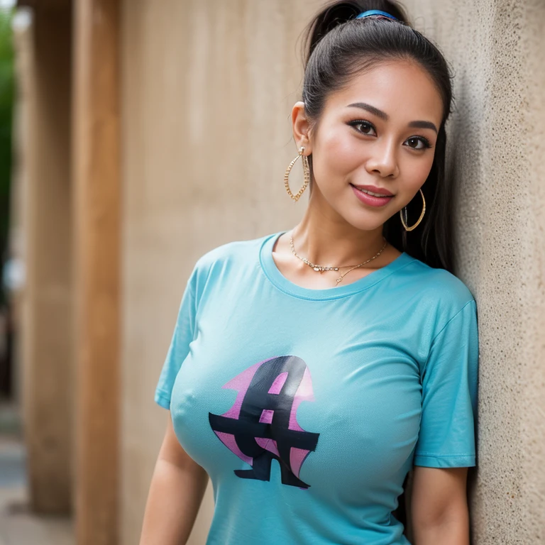 (Extreme Wide Shot:1.3),(thai woman:1.5),(super highponytail hair),forehead,(Beautiful :1.5),(Slim waist:1.3),(T-shirt:1.5),(Thin eyebrows),(smile:1.3), necklace,Earrings,(street art:1.3),highest quality,(((masterpiece))),8k,Photorealistic,