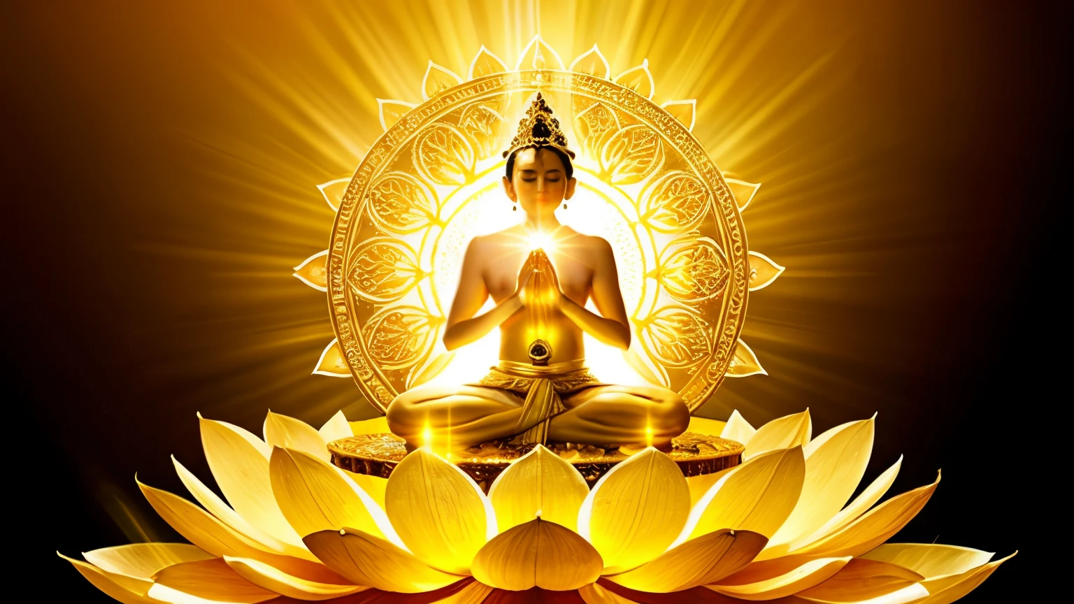 A stunning thumbnail with a gold lotus flower with a light shining down, glowing golden aura, radiating golden light, gold ethereal light, lotus, golden aura, lotus flower, sitting on a lotus flower, golden sacred tree, spiritual enlightenment, emanating and flowing energy