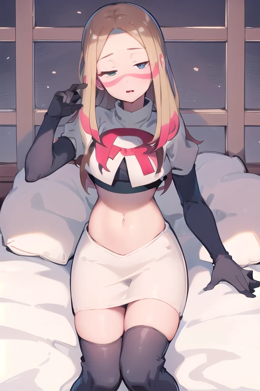 masterpiece, best quality, highres, abcmina, long hair, eyelashes, half-closed eyes, facepaint, team rocket,team rocket uniform,white skirt,red letter R,crop top,black thigh-highs,black elbow gloves,