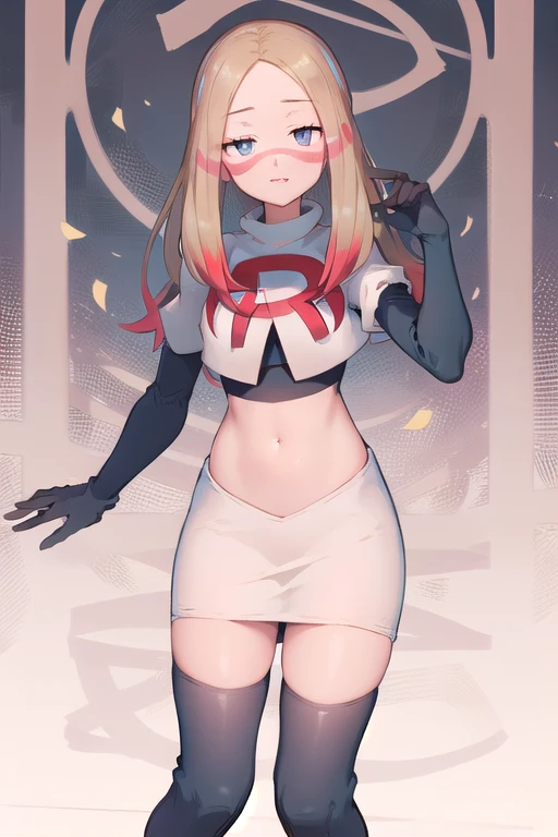 masterpiece, best quality, highres, abcmina, long hair, eyelashes, half-closed eyes, facepaint, team rocket,team rocket uniform,white skirt,red letter R,crop top,black thigh-highs,black elbow gloves,