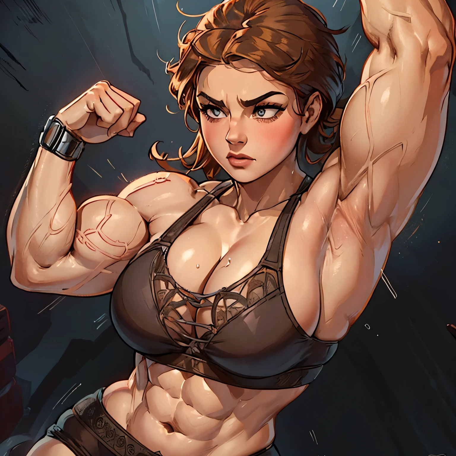 Muscle hypertrophy is significant, especially in the area of the biceps, which are large in size, which may be the result of strength training focused on the expansion of muscle mass. A woman's waist is noticeably narrower in relation to her shoulders, which creates the 'V-taper' effect desired in bodybuilding, i.e. a shape resembling the letter "V" created by the shoulder line leading into a narrow waist. The skin on the arms is smooth and the muscle tone under the skin is clearly visible. Light reflections on the skin suggest that it is smooth and slightly oiled or moist, the 'muscle belly' of the biceps more rounded forms, which may indicate a greater amount of fat tissue, giving the figure a softer and fuller shape Bulk body type well-defined abdominal oblique muscles, 1. **Biceps**: 36 cm in circumference 2. **Chest**: 100 cm circumference 3. **Waist**: 70 cm circumference 4. **Hips**: 95 cm circumference 5. **Thigh**: 60 cm circumference, Tightly tightened breasts with a bypass, African female