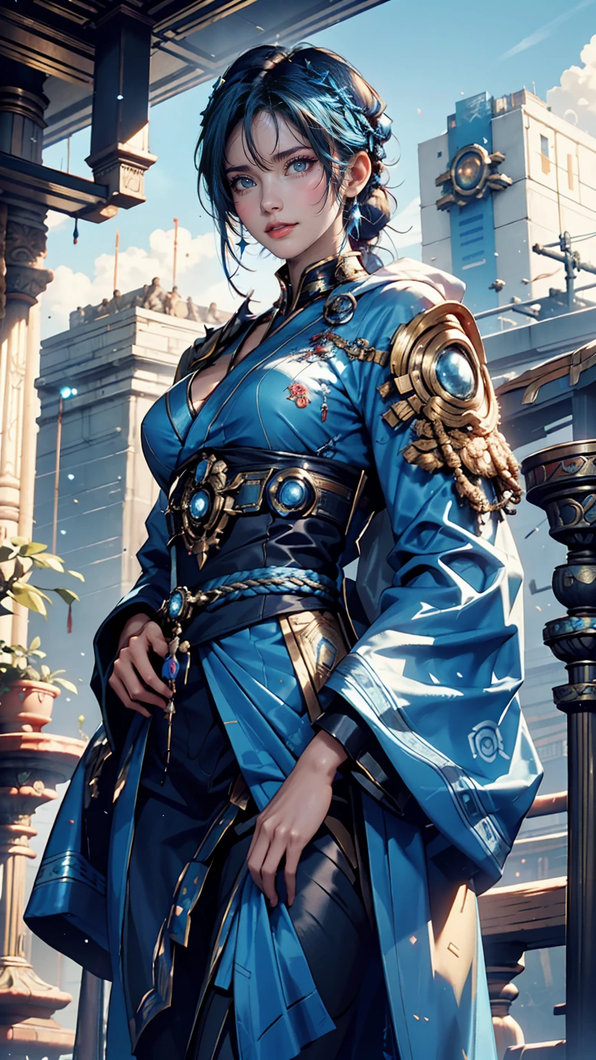Two women in costumes are standing in a room, Ace Female Mechanic, Static Prometheus Frame, Blue body paint, Cyberpunk decorations, Aztec Empress, Movie details, security guard, Balcony scene, Solarpunk, By Leon Wichowkowski, Sisters, japanese cgi, Empress of Kazakhstan, Character close-up