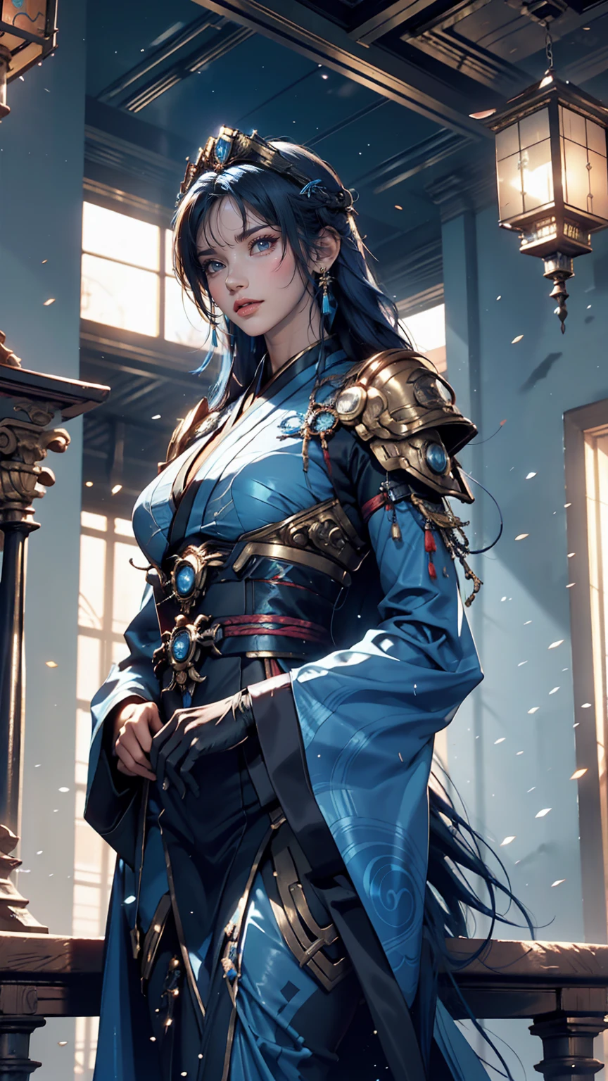 close up shot of a woman in a silver and blue dress, silver armor, large breasts, cleavage, chengwei pan on artstation, by Yang J, detailed fantasy art, stunning character art