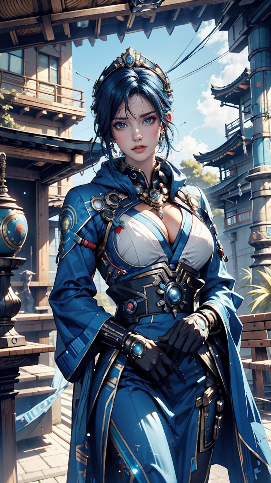 Two women in costumes are standing in a room, Ace Female Mechanic, Static Prometheus Frame, Blue body paint, Cyberpunk decorations, Aztec Empress, Movie details, security guard, Balcony scene, Solarpunk, By Leon Wichowkowski, Sisters, japanese cgi, Empress of Kazakhstan, Character close-up