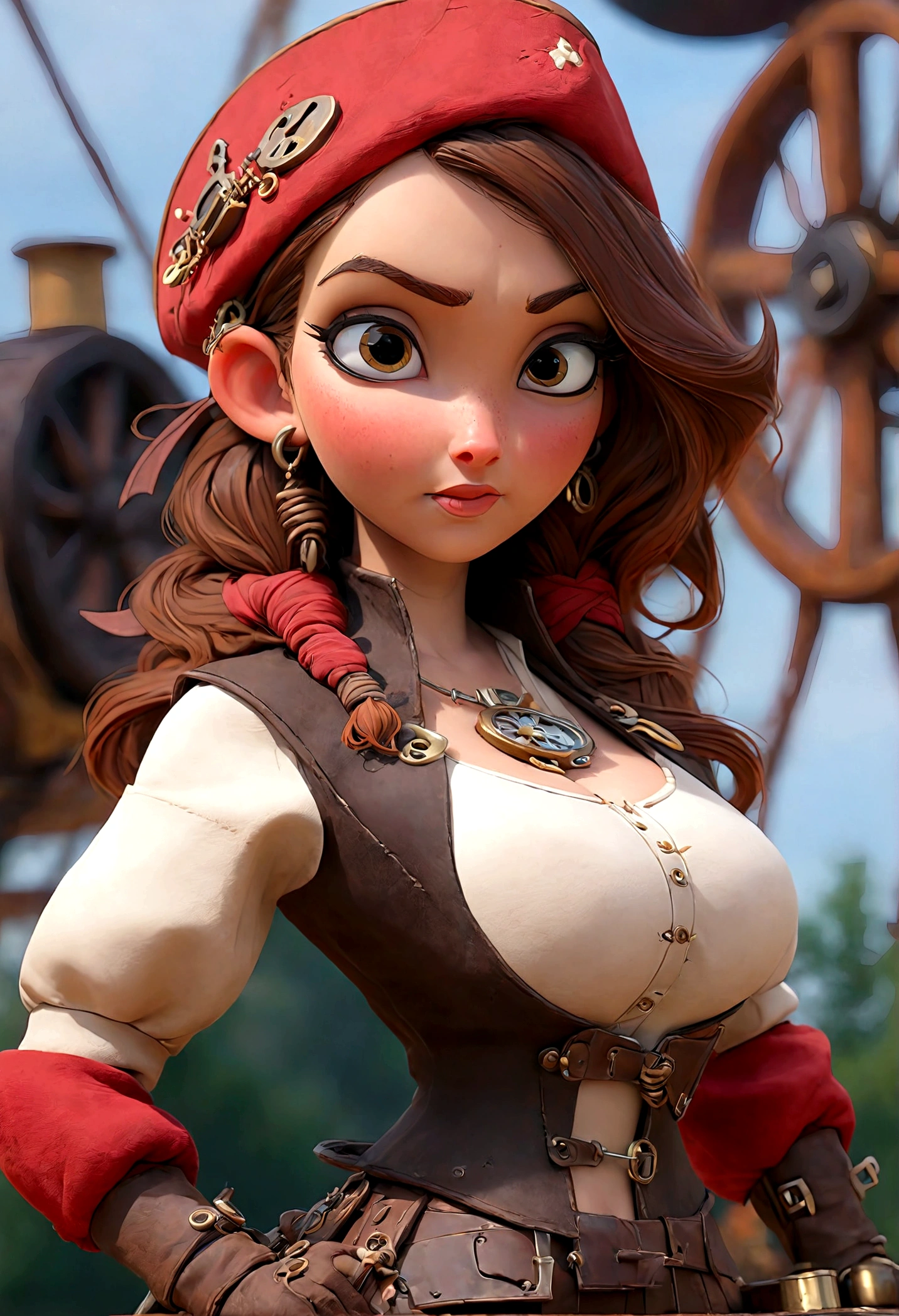 a cute woman sky pirate, sexy over exposed pirate outfit, sword pistol at side, pirate hat, red themed steampunk airship, crew, best quality, 4k, 8k, highres, masterpiece:1.2, ultra-detailed, realistic, photorealistic, photo-realistic:1.37, HDR, UHD, studio lighting, ultra-fine painting, sharp focus, physically-based rendering, extreme detail description, professional, vivid colors, bokeh, portraits, steampunk
