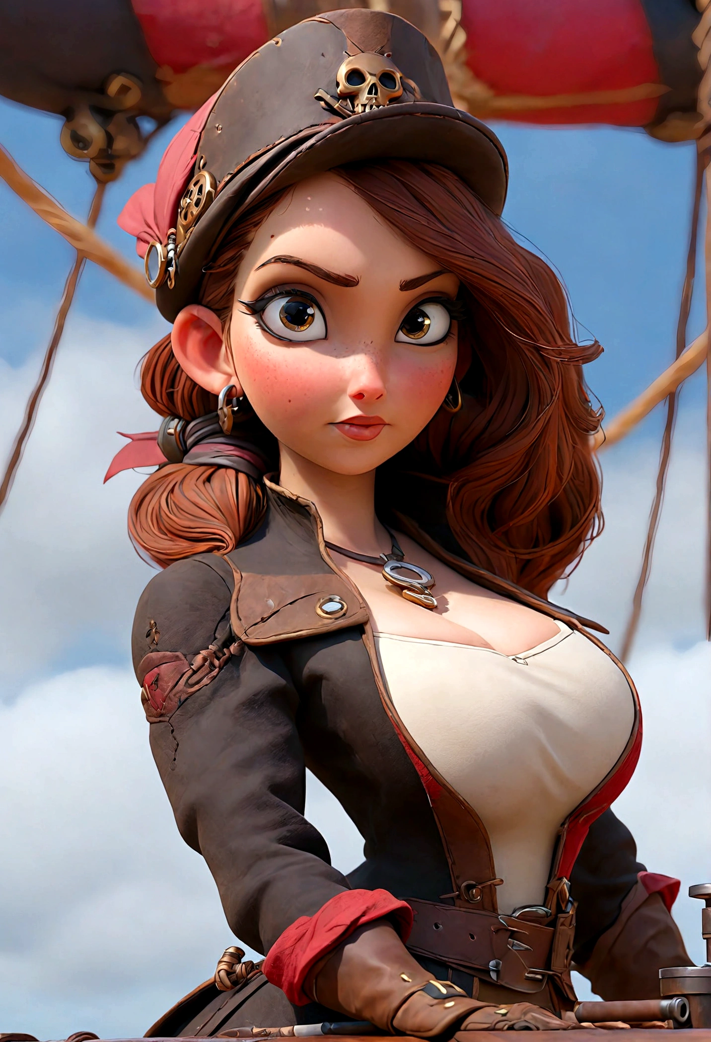 a cute woman sky pirate, sexy over exposed pirate outfit, sword pistol at side, pirate hat, red themed steampunk airship, crew, best quality, 4k, 8k, highres, masterpiece:1.2, ultra-detailed, realistic, photorealistic, photo-realistic:1.37, HDR, UHD, studio lighting, ultra-fine painting, sharp focus, physically-based rendering, extreme detail description, professional, vivid colors, bokeh, portraits, steampunk
