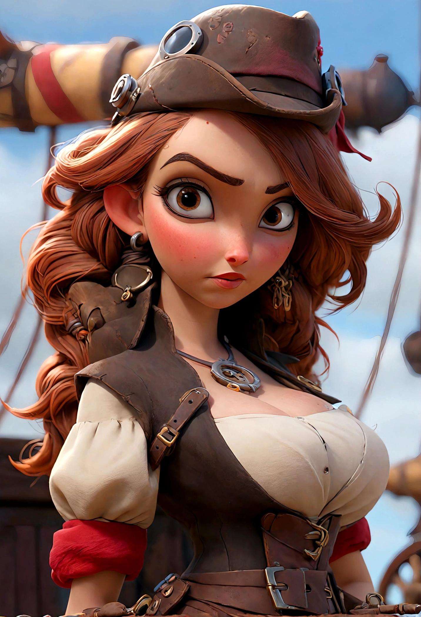 a cute woman sky pirate, sexy over exposed pirate outfit, sword pistol at side, pirate hat, red themed steampunk airship, crew, best quality, 4k, 8k, highres, masterpiece:1.2, ultra-detailed, realistic, photorealistic, photo-realistic:1.37, HDR, UHD, studio lighting, ultra-fine painting, sharp focus, physically-based rendering, extreme detail description, professional, vivid colors, bokeh, portraits, steampunk
