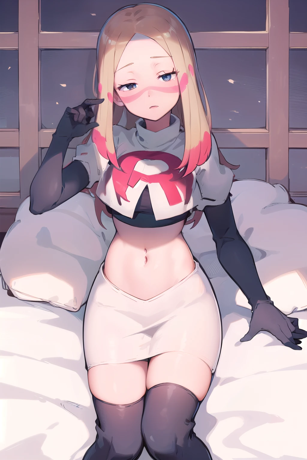 masterpiece, best quality, highres, abcmina, long hair, eyelashes, half-closed eyes, facepaint, team rocket,team rocket uniform,white skirt,red letter R,crop top,black thigh-highs,black elbow gloves,