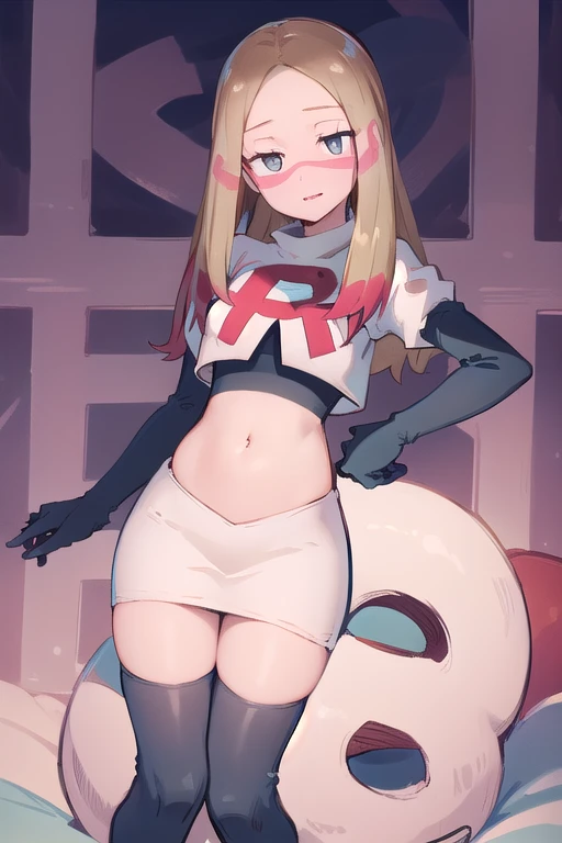 masterpiece, best quality, highres, abcmina, long hair, eyelashes, half-closed eyes, facepaint, team rocket,team rocket uniform,white skirt,red letter R,crop top,black thigh-highs,black elbow gloves,