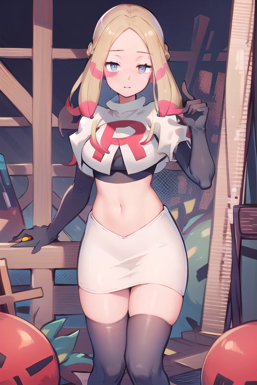 masterpiece, best quality, highres, abcmina, long hair, eyelashes, half-closed eyes, facepaint, team rocket,team rocket uniform,white skirt,red letter R,crop top,black thigh-highs,black elbow gloves,