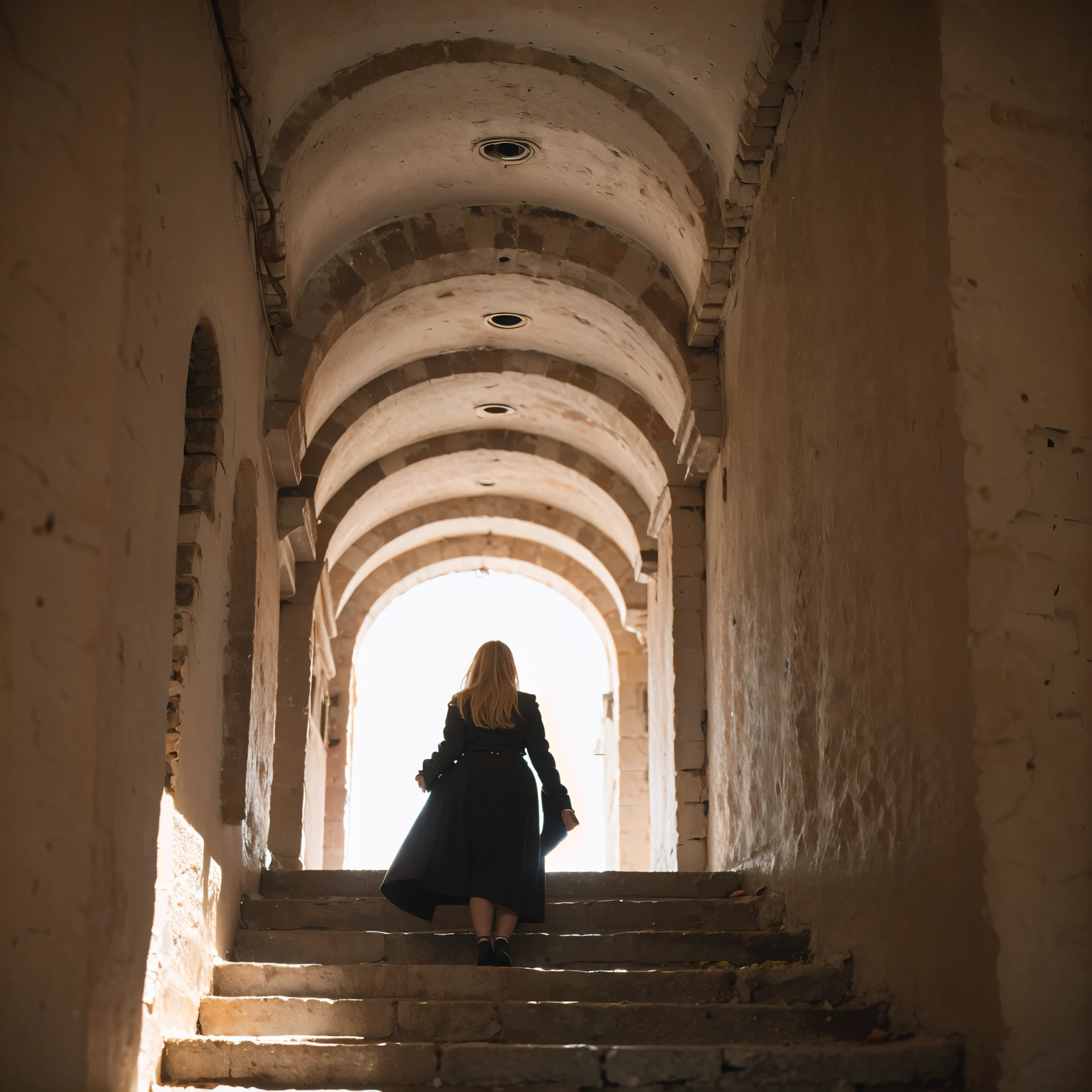 blonde sofiax (1woman) in sassi_di_matera. The perspective is from below. The lighting is dark, gloomy, and realistic, creating a tense and ominous atmosphere.