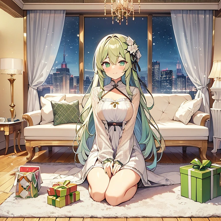 You will be able to create anime images of an 18-year-old girl, sitting politely on the carpet, behind her there is some white furniture in a room decorated with a birthday theme, on the table there are sandwiches and a green gift. The fifth floor of a beige building with a wooden floor in the city of Japan. The windows reflect a snow-covered cityscape with a night sky as it snows (Side Shot). She measures 165 cm and its measurements are B 50, W 30 and H 80; She has long light green hair, her eyes are sapphire green, she has an inquisitive expression when she looks at her gift as she holds a green gift in her hands and smiles, she wears a cream-colored Cossack dress longer with sleeves and stockings and shoulders long black
