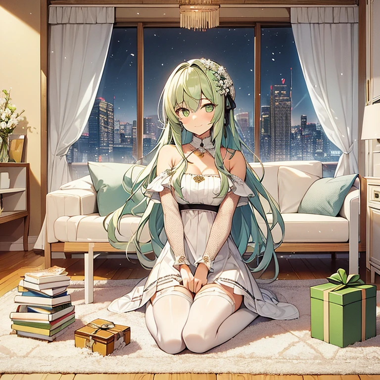 You will be able to create anime images of an 18-year-old girl, sitting politely on the carpet, behind her there is some white furniture in a room decorated with a birthday theme, on the table there are sandwiches and a green gift. The fifth floor of a beige building with a wooden floor in the city of Japan. The windows reflect a snow-covered cityscape with a night sky as it snows (Side Shot). She measures 165 cm and its measurements are B 50, W 30 and H 80; She has long light green hair, her eyes are sapphire green, she has an inquisitive expression when she looks at her gift as she holds a green gift in her hands and smiles, she wears a cream-colored Cossack dress longer with sleeves and stockings and shoulders long black