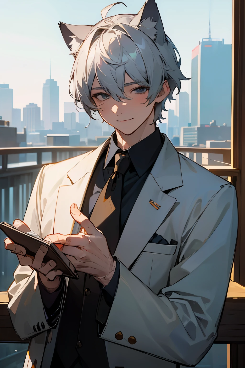 out door，Morning cityscape，Light of the sun，suit，30 years old，male，smile，超High resolution, retina, masterpiece, Accurate, Anatomically correct, Rough skin, Very detailed, Advanced Details, high quality, Awards, 最high quality, High resolution, High resolution, 4K,(anime,8k,masterpiece, 最high quality, 最high quality,beautifully、beautiful:1.2,Professional Illustration:1.1,Very detailed:1.3,Perfect lighting),Very detailed,Most detailed,High resolution,Cute pose，A cute boy, Cat ear，Silver Hair，short hair，Upper Body，