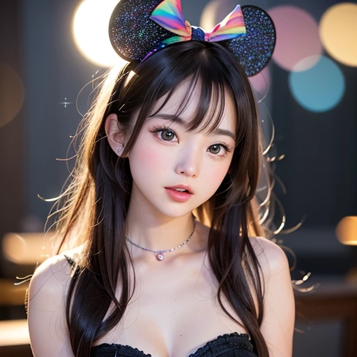 NSFW, 8k, High-level, absurd, masterpiece, best quality, primitive, very detailed CG, very detailed wallpaper, perfect lighting, Extremely detailed (((The personifying " Minnie Mouse " as a Little Girl))), MysticSight, Tyndall effect, Tyndall scattering, Studio gray background with (many Dazzling RainbowColor particles BokeH:1.28), (RoundlyButts, ThighGap), (Exposed:0.4), (Assfocus with looking ahead), BREAK (NOGIZAKA face variations) Extremely Detailed very KAWAII face variations, perfect anatomy, Childish, captivating gaze, elaborate detailed Eyes with (sparkling highlights:1.28), long eyelashes、Glossy RED Lips with beautiful details, Coquettish tongue, Rosy cheeks, Radiant PearlSkin with clear transparency . { (Dynamic LifeLike expressions:1.4) | :d) }, (large eyes:-1) .