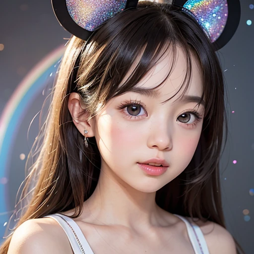 NSFW, 8k, High-level, absurd, masterpiece, best quality, primitive, very detailed CG, very detailed wallpaper, perfect lighting, Extremely detailed (((The personifying " Minnie Mouse " as a  Girl))), MysticSight, Tyndall effect, Tyndall scattering, Studio gray background with (many Dazzling RainbowColor particles BokeH:1.28), (RoundlyButts, ThighGap), (Exposed:0.4), (Assfocus with looking ahead), BREAK (NOGIZAKA face variations) Extremely Detailed very KAWAII face variations, perfect anatomy, Childish, captivating gaze, elaborate detailed Eyes with (sparkling highlights:1.28), long eyelashes、Glossy RED Lips with beautiful details, Coquettish tongue, Rosy cheeks, Radiant PearlSkin with clear transparency . { (Dynamic LifeLike expressions:1.4) | :d) }, (large eyes:-1) .