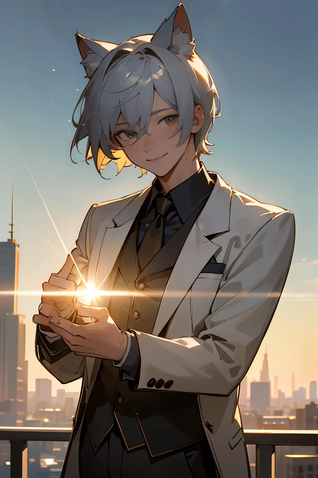 out door，Morning cityscape，Light of the sun，suit，30 years old，Are thin，male，smile，超High resolution, retina, masterpiece, Accurate, Anatomically correct, Rough skin, Very detailed, Advanced Details, high quality, Awards, 最high quality, High resolution, High resolution, 4K,(anime,8k,masterpiece, 最high quality, 最high quality,beautifully、beautiful:1.2,Professional Illustration:1.1,Very detailed:1.3,Perfect lighting),Very detailed,Most detailed,High resolution,Cute pose，A cute boy, Cat ear，Silver Hair，short hair，Upper Body，