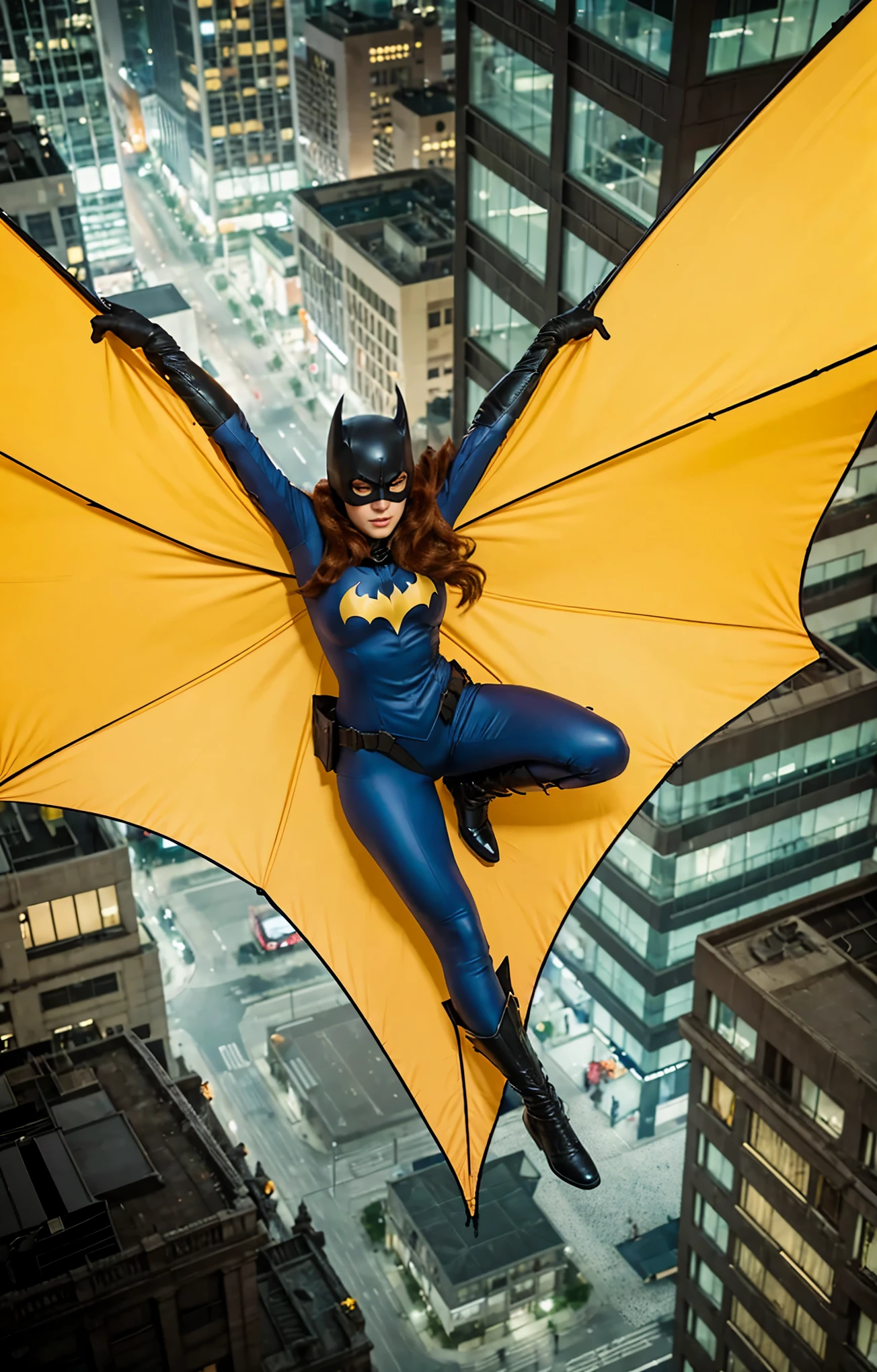 Batgirl, woman with long red hair in a dynamic pose, mid-air. She is wearing a blue, form-fitting suit with black gloves and boots. Her suit has a yellow emblem on the chest, shaped like a bat, and she has a large yellow cape spread wide behind her, resembling bat wings. She also wears a black mask that covers the upper part of her face and has bat-like ears. The background displays a cityscape at night, with tall buildings and illuminated windows. The scene is set high above the ground, indicating she is gliding or leaping between buildings.