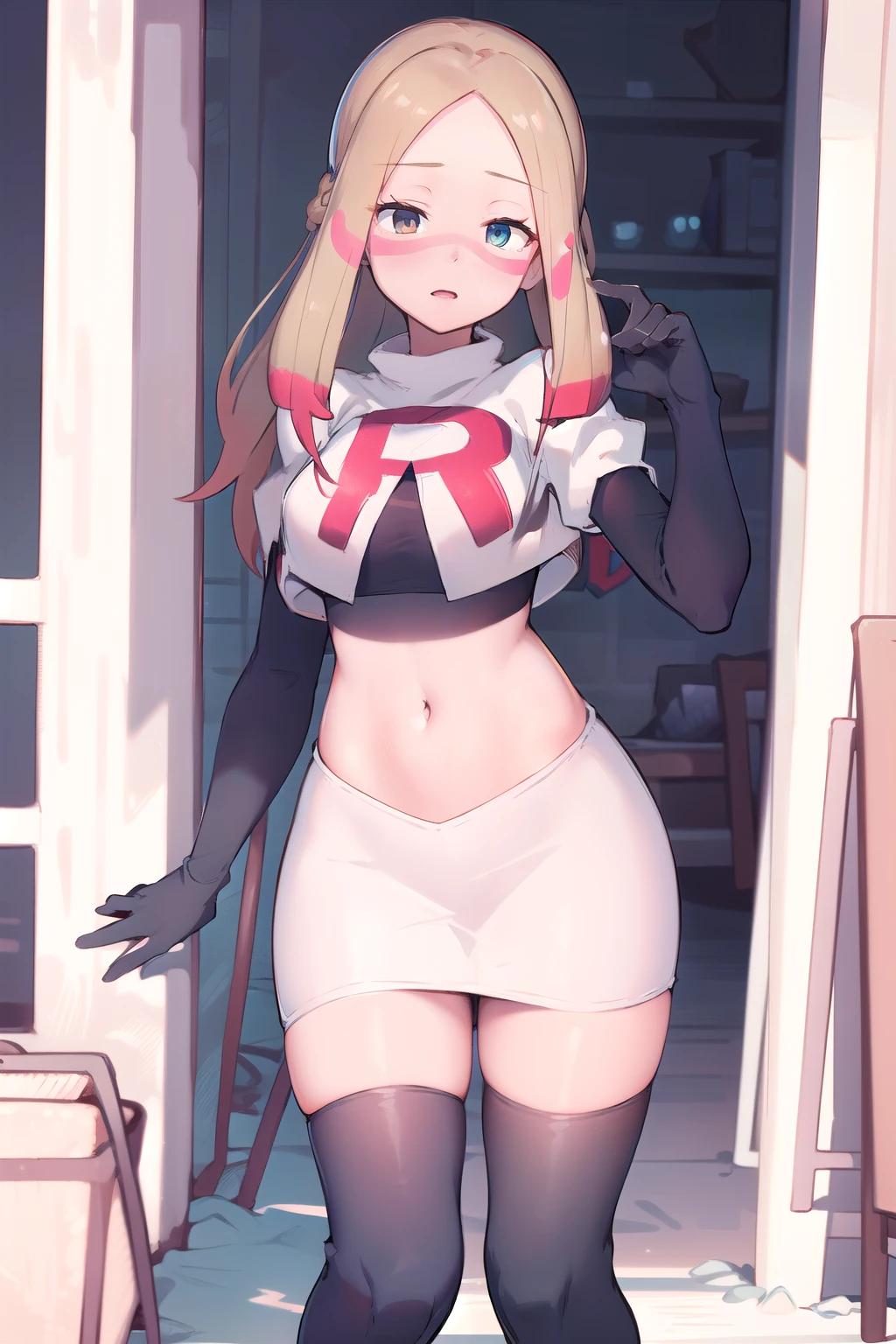 masterpiece, best quality, highres, abcmina, long hair, eyelashes, half-closed eyes, facepaint, team rocket,team rocket uniform,white skirt,red letter R,crop top,black thigh-highs,black elbow gloves,