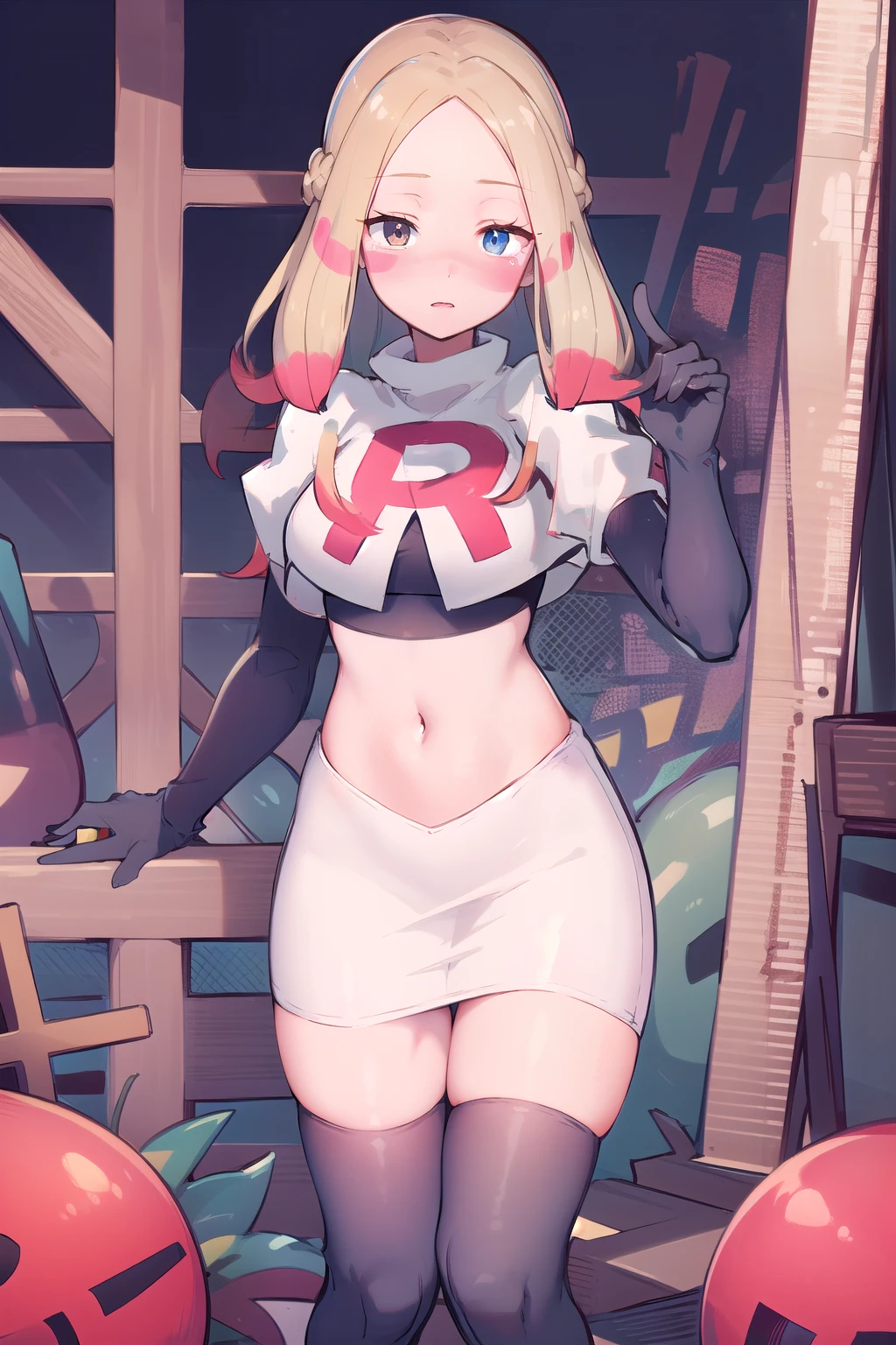 masterpiece, best quality, highres, abcmina, long hair, eyelashes, half-closed eyes, facepaint, team rocket,team rocket uniform,white skirt,red letter R,crop top,black thigh-highs,black elbow gloves,