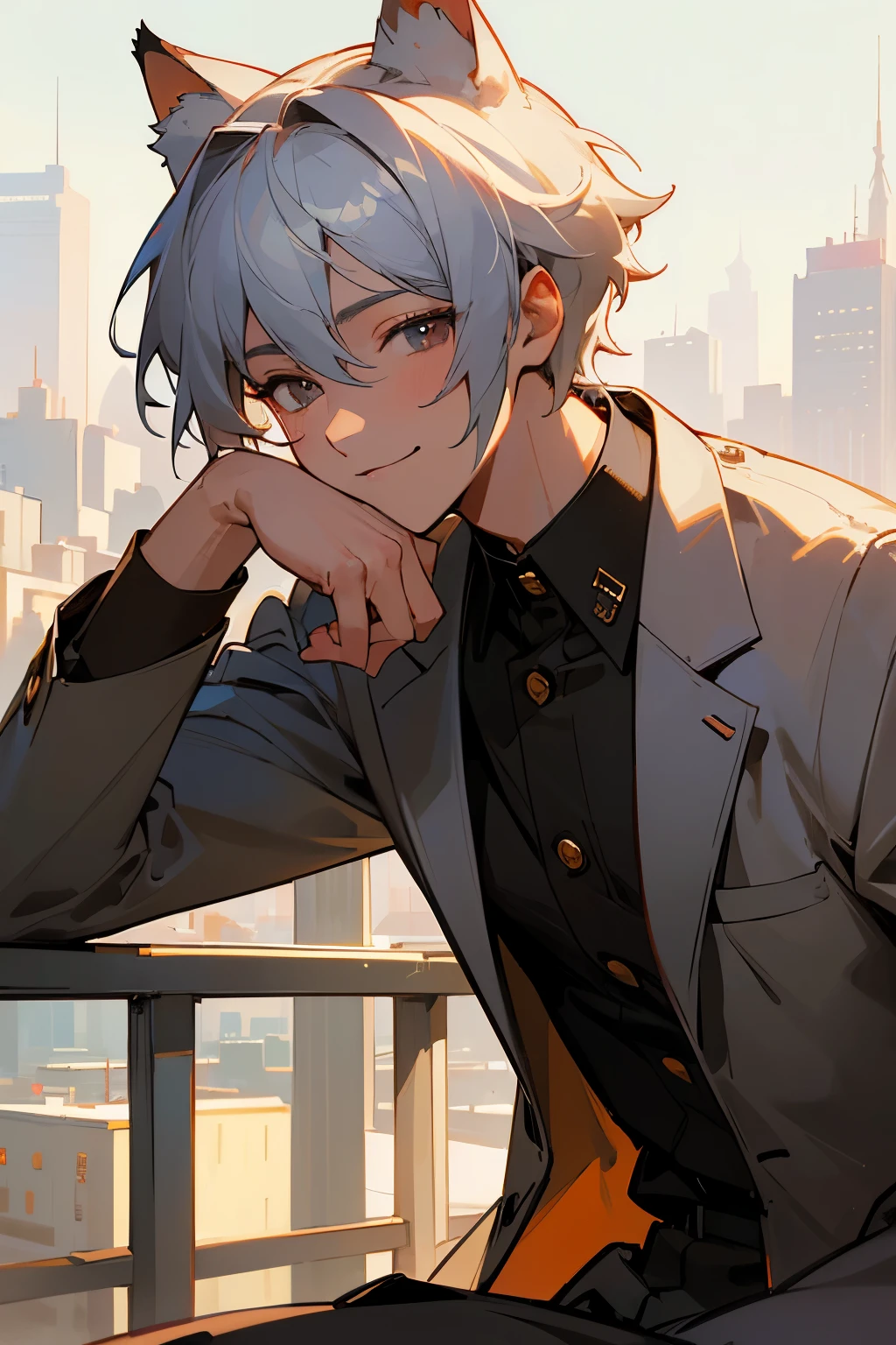 out door，(Morning cityscape)，Drinking coffee，Light of the sun，suit，30 years old，Are thin，male，smile，超High resolution, retina, masterpiece, Accurate, Anatomically correct, Rough skin, Very detailed, Advanced Details, high quality, Awards, 最high quality, High resolution, High resolution, 4K,(anime,8k,masterpiece, 最high quality, 最high quality,beautifully、beautiful:1.2,Professional Illustration:1.1,Very detailed:1.3,Perfect lighting),Very detailed,Most detailed,High resolution,Cute pose，A cute boy, Cat ear，Silver Hair，short hair，Upper Body，