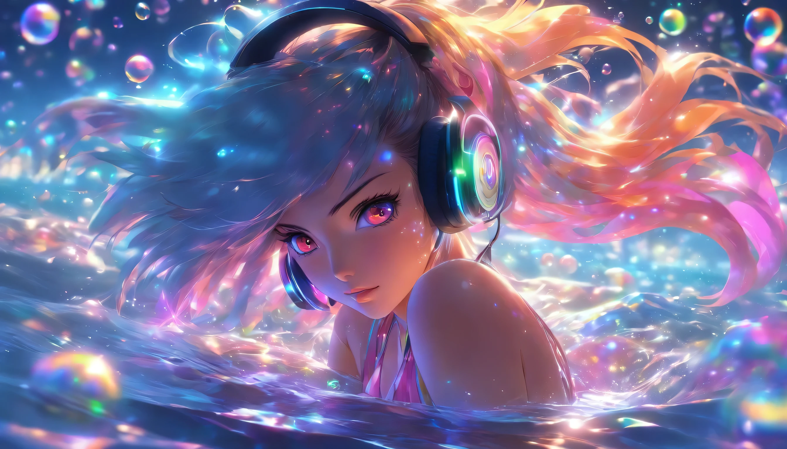 Transparent color PVC clothing, Transparent Vinyl Bikini, Prismatic, Holographic, chromatic aberration, Fashion Illustration, masterpiece, DJ Girl, Wink, 8k, Super detailed, Pixiv、(((Digital anime art)))、((Colorful Hair))、((Wearing futuristic headphones))、((I'm sticking out my belly button))、((Swaying bust))、(((Rainbow Hair)))、((Too big boobs))、((Jumping))、(((In the water ocean)))、((Narrow waist))、(((Long legs)))、String swimsuit、((blue eyes))、(((Many glowing bubbles)))