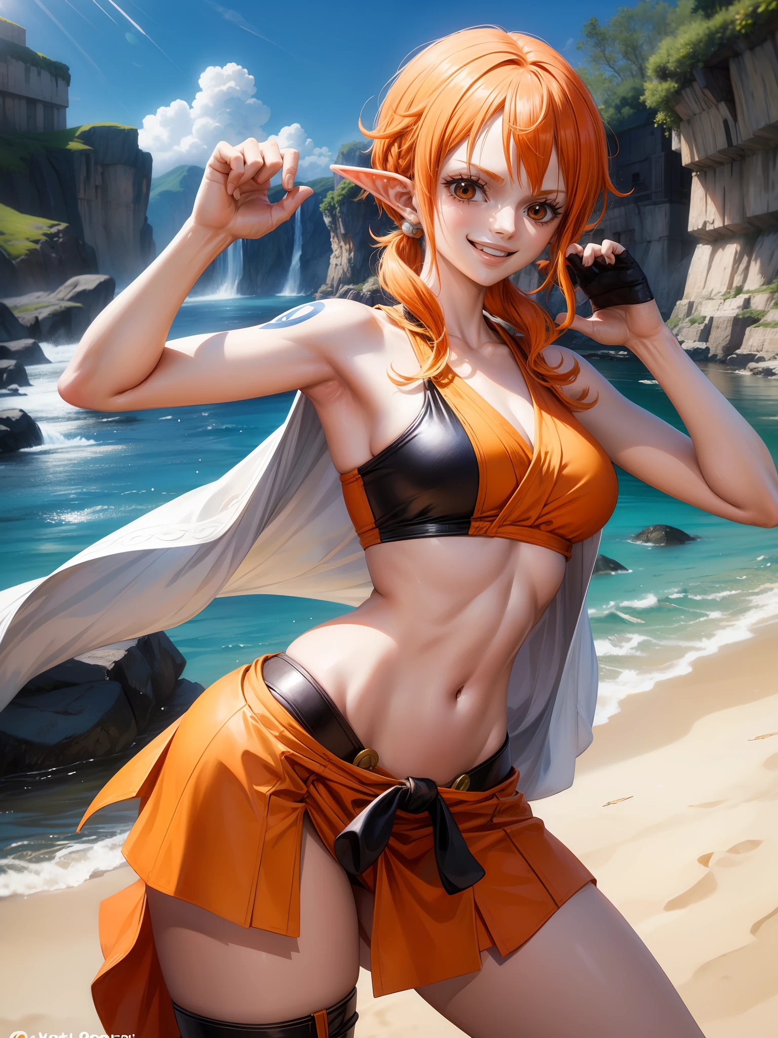 ONE PIECE、Nami、Orange Hair、Fit elf monk, score_9, score_8_up, 1 elf, solo, dynamic action pose, black pigtails hair, slanted eyes, white eyes, boots, orange monk robes, smiling, cute, small , puffy lips, thong, smiling at viewer, cute, sexy, monk karate pose, ki blast, monastery background, Expressiveh