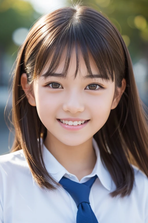 (8k, RAW photo, highest quality, output: 1.2), (realistic, photorealistic: 1.37), super detailed, super high resolution, girl 1, viewer, detailed cute face, smile, teeth, professional lighting, Japan Junior high school student, small breasts, neat, serious, honor student, , standing upright