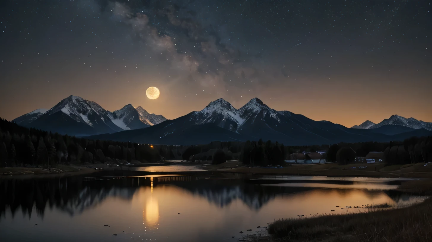 A very starry night. Huge moon behind the mountains. The quiet lake reflects the night. Cranes dance in the sunset. realistic scene, detailed, Photorealism, 8k