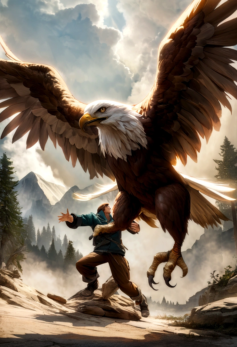 no meio da floresta nevada, Rodeado por montanhas cobertas de neve, A giant eagle carrying a man on its paws, obra de arte, dynamic poses, ultra realist, Magic Encounter,amazing cgi,Computer graphics art