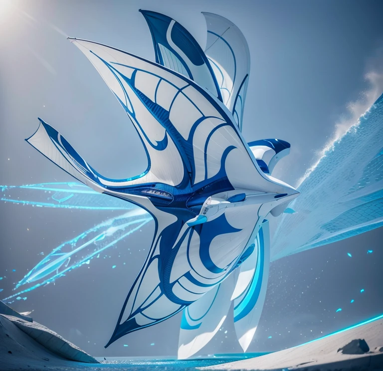 A giant manta, white with blue fluorescent designs in the back, with 6 wings, photorealistic, 8k, uhd, masterpiece, in a underground sea of nitorgen