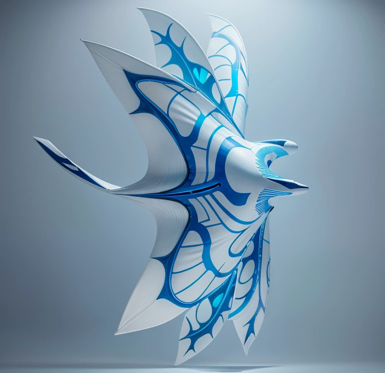 A giant manta, white with blue fluorescent designs in the back, with 6 wings, photorealistic, 8k, uhd, masterpiece, in a underground sea of nitorgen