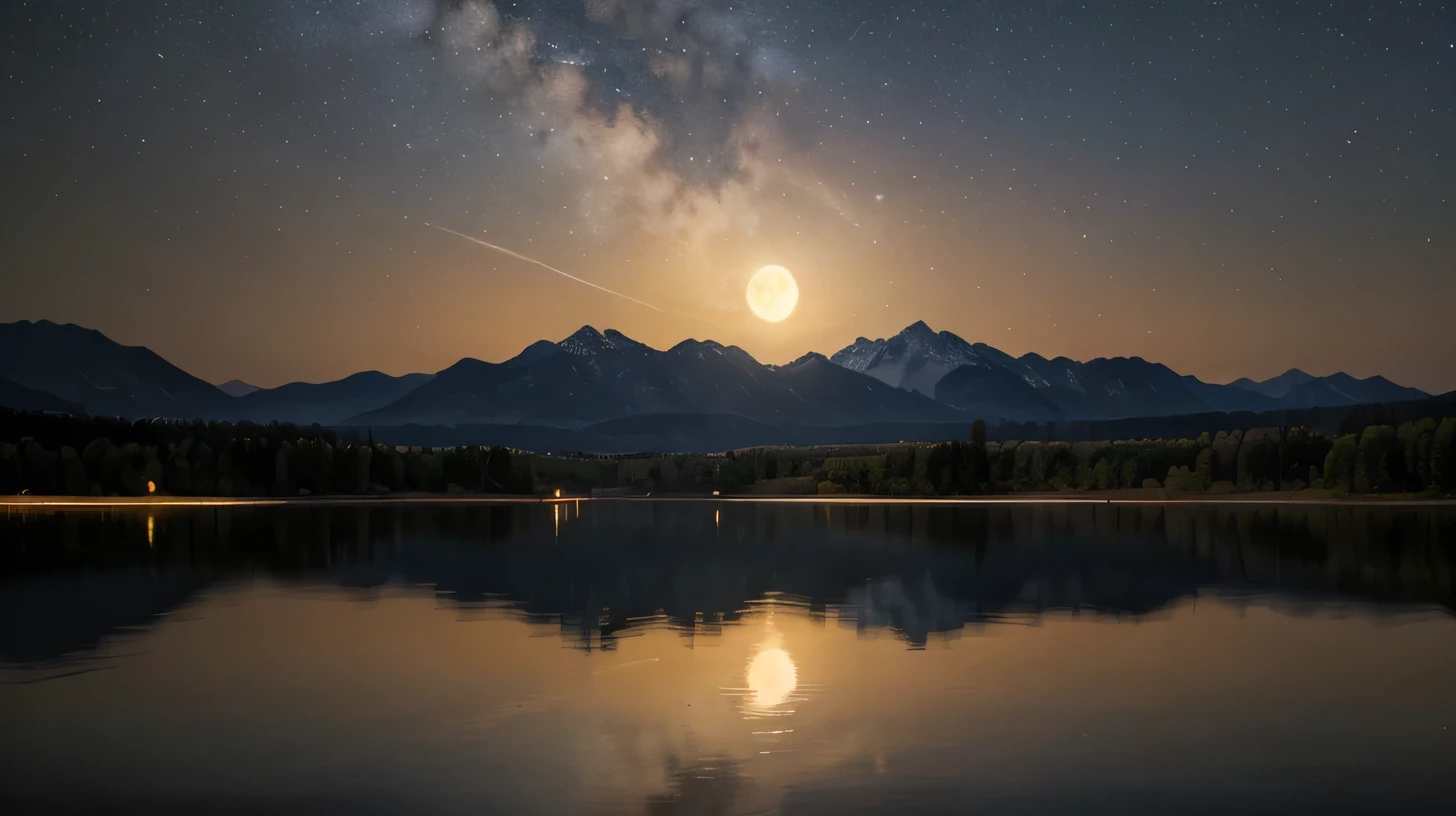 A very starry night. Huge moon behind the mountains. The quiet lake reflects the night. Cranes dance in the sunset. realistic scene, detailed, Photorealism, 8k