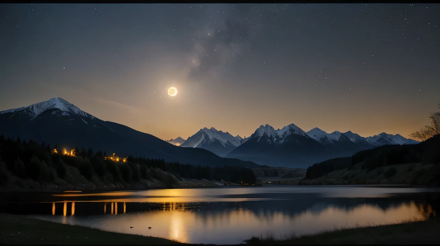 A very starry night. Huge moon behind the mountains. The quiet lake reflects the night. Cranes dance in the sunset. realistic scene, detailed, Photorealism, 8k