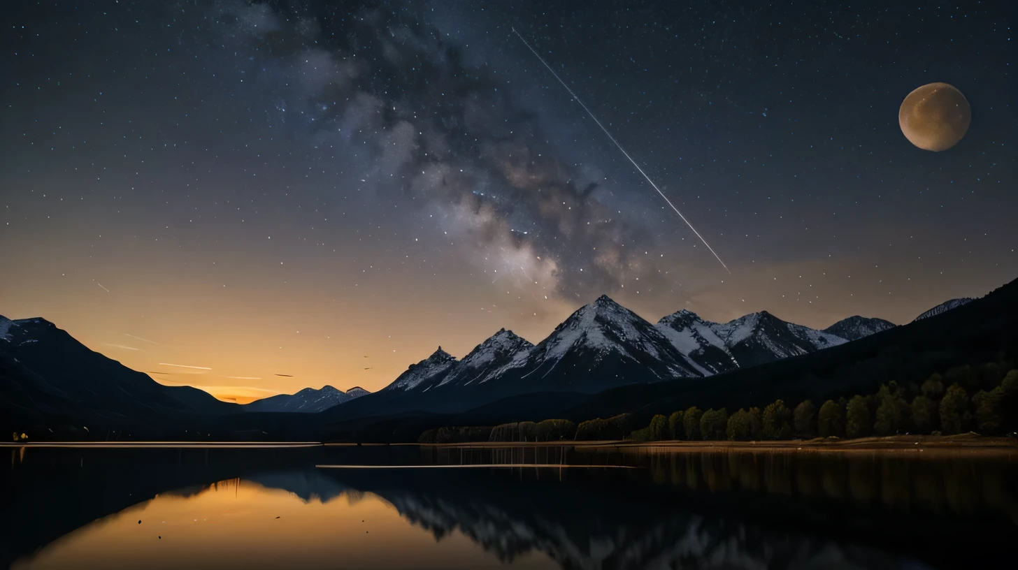 A very starry night. Huge moon behind the mountains. The quiet lake reflects the night. Cranes dance in the sunset. realistic scene, detailed, Photorealism, 8k