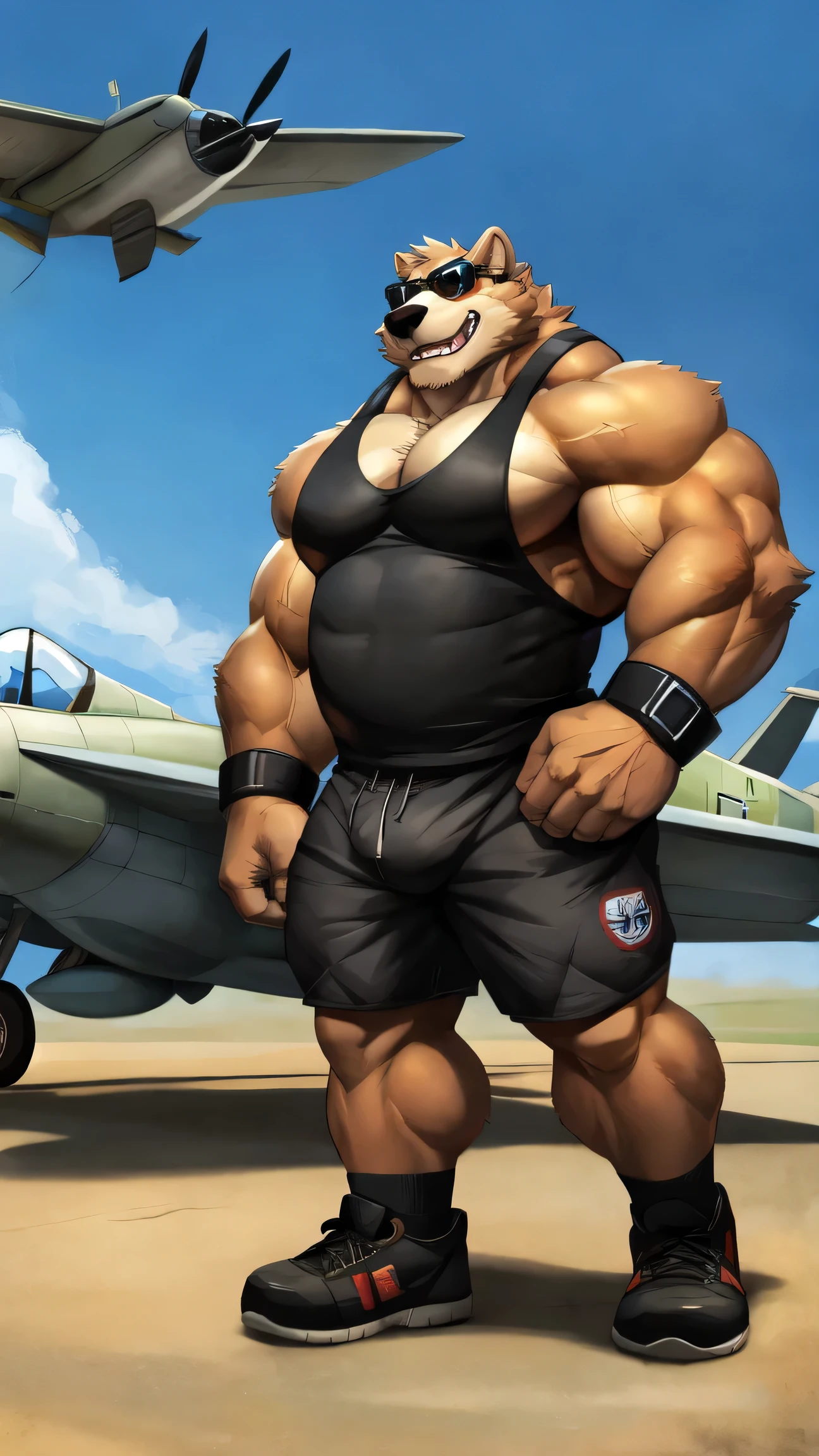 By dangpa, By daveoverlord, by kuulongarl, by takemoto, by kusunagi grizzly bear, muscular, topless, military, planes, huge pec, pectoral, large , black tank top, black gym shorts, black wristbands, black gym shoes, wearing black sun glasses, attractive guy, 8k furry art