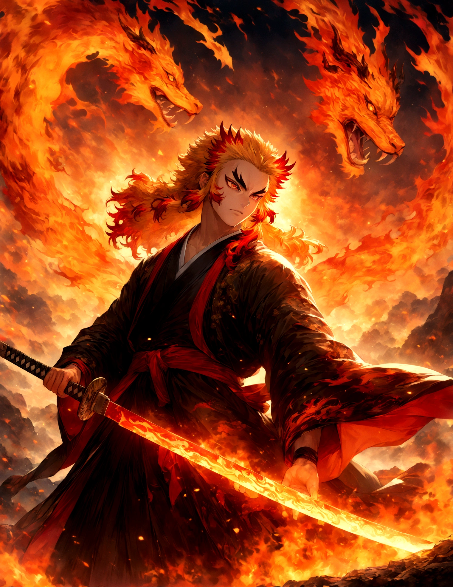 (1 male,Rengoku Kyojuro,yellow and orange hair),alone,comics『Demon slayer』Characters,,Fighting Style,Fire effect,Staring straight ahead,Coming forward,Moderately dirty,In Japan there are swords,Digital Art,An illustration,Intricate details,Intricate details,Wide range of colors,artwork,rendering,,(highest quality:1.4),(Very detailed:1.5),High resolution,Very detailed,unity 8k wallpaper,Draw artistic background,Chinese dragon painted with fire,break,Japanese swords are straight and have a metallic luster..,Please hold the handle of the Japanese sword