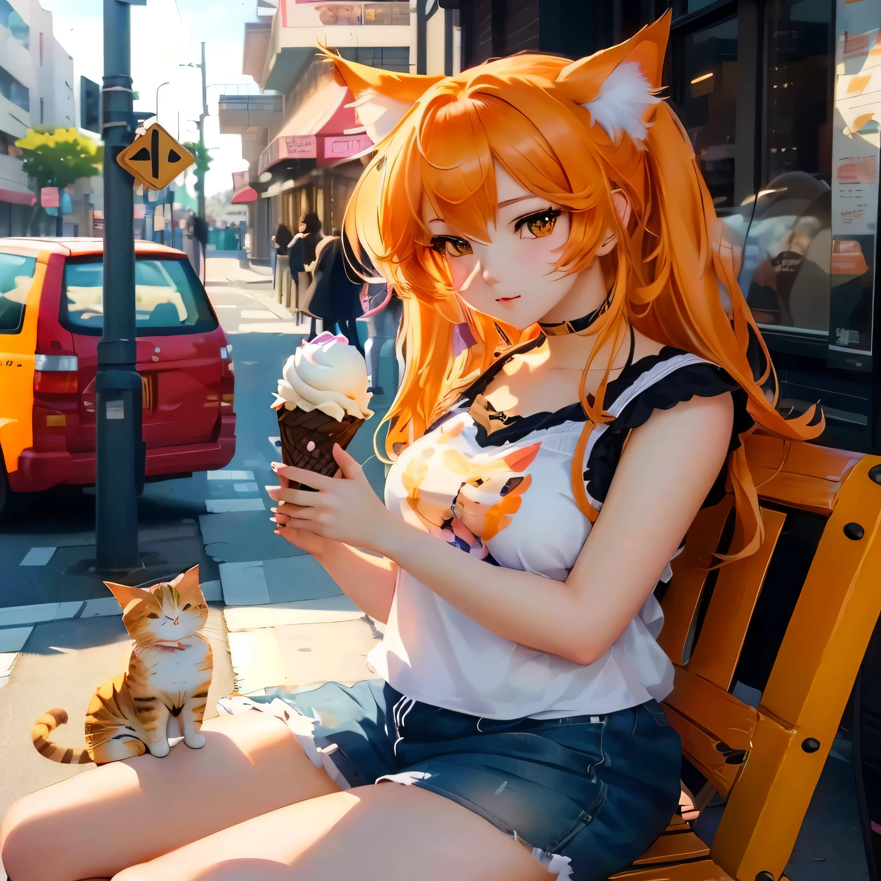 anime girl sitting on a bench with a cup of ice cream, realistic anime 3 d style, anime catgirl, realistic anime art style, beautiful anime catgirl, beautiful anime art style, anime style mixed with fujifilm, anime art style, anime style illustration, anime style. 8k, anime cat, anime style art, anime artstyle, digital anime art