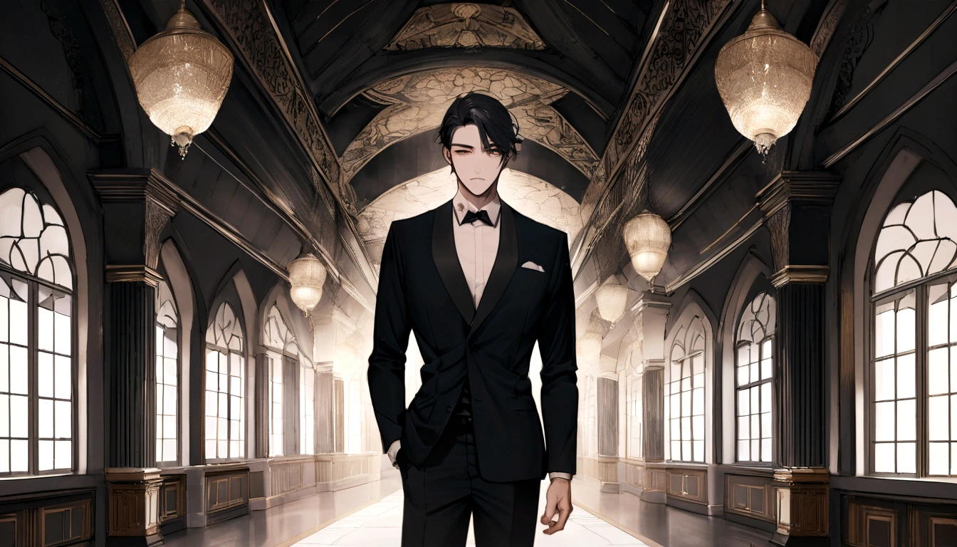 Arabian man in white shirt and black pants standing in a room, Tailored clothing, Gray pants and black dress shoes, Highly fashionable and masculine, formal dress, White skinned skinny man, Black Hair, Handsome man, Male ratio, Beautiful and elegant, Black suit pants, Male Model, Model pose, Wearing a business suit, Beautiful and attractive