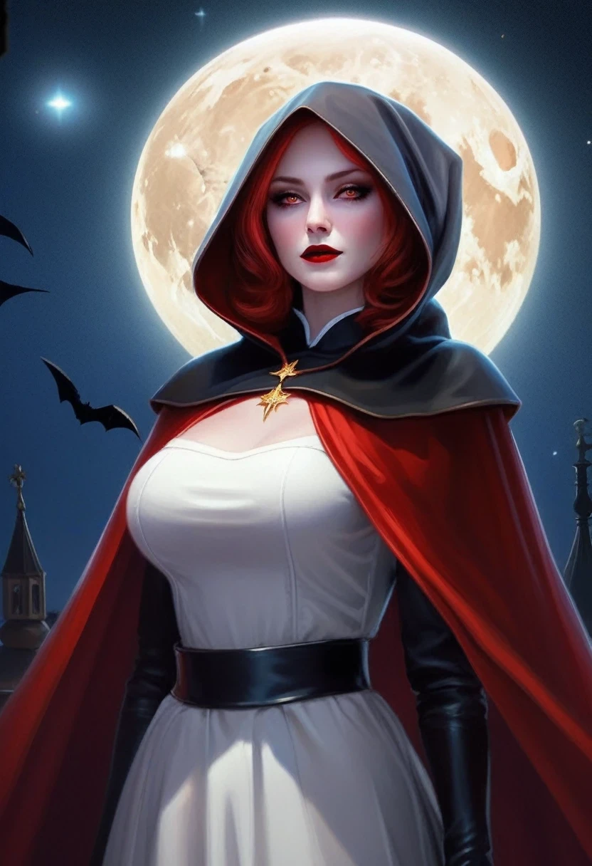 a picture of an exquisite beautiful female (nun: 1.3) vampire standing under the starry night sky on the porch of her monastary, action shot, dynamic angle (ultra detailed, Masterpiece, best quality), ultra detailed face (ultra detailed, Masterpiece, best quality), ultra feminine, (pale skin: 1.3), red hair, wavy hair, dynamic eyes color, cold eyes, glowing eyes, intense eyes, dark red lips, ((fangs: 1.1)), wearing white nun habit (ultra detailed, Masterpiece, best quality), wearing (blue cloak: 1.3) (ultra detailed, Masterpiece, best quality), long cloak, flowing cloak (ultra detailed, Masterpiece, best quality), wearing (high heeled boots: 1.3), sky full of stars background, moon, bats flying about, action shot, high details, best quality, 16k, [ultra detailed], masterpiece, best quality, (ultra detailed), full body, ultra wide shot, photorealism, dark fantasy art, dark fantasy art, gothic art, many stars, dark fantasy art, gothic art, sense of dread,  GlowingRunesAI_red, Cinematic Hollywood Film style