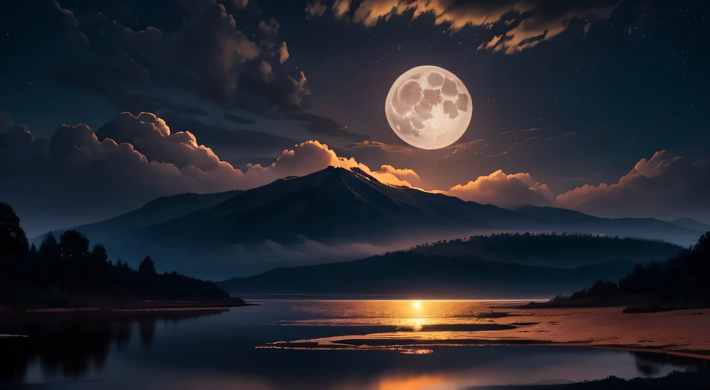 (highest quality,4K,8k,High resolution,masterpiece:1.2),Super detailed,(Realistic,photoRealistic,photo-Realistic:1.37),night,dark,Orange sky,cloud,performer,Big Moon,figure,texture,Sulky,Horizon silhouette,landscape,reflection,Deep Shadow,Mysterious atmosphere,Majestic,Mysterious,nighttime,Fascinating,Soft glow,melancholic,Magic,Calm,quiet,Calm,quiet,still,peaceful,Mysterious,nightfall,Illuminated by moonlight,shadows and highlights,Contrasting colors,bright,glowing cloud,quiet beauty