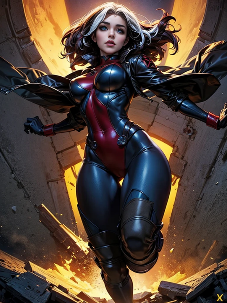 Emilia Clarke、masterpiece、High quality 4K、villain (X-Men)、Gothic Girl、Sculpted Body Gothic Makeup、Black jacket、Red and blue bodysuit、masterpiece、highest quality、Cowboy Shots、one personの女の子、one person、Technology Military Bodysuit、fringe