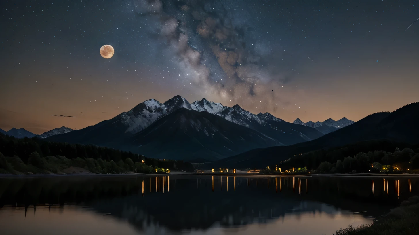 A very starry night. Huge moon behind the mountains. The quiet lake reflects the night. Cranes dance in the sunset. realistic scene, detailed, Photorealism, 8k