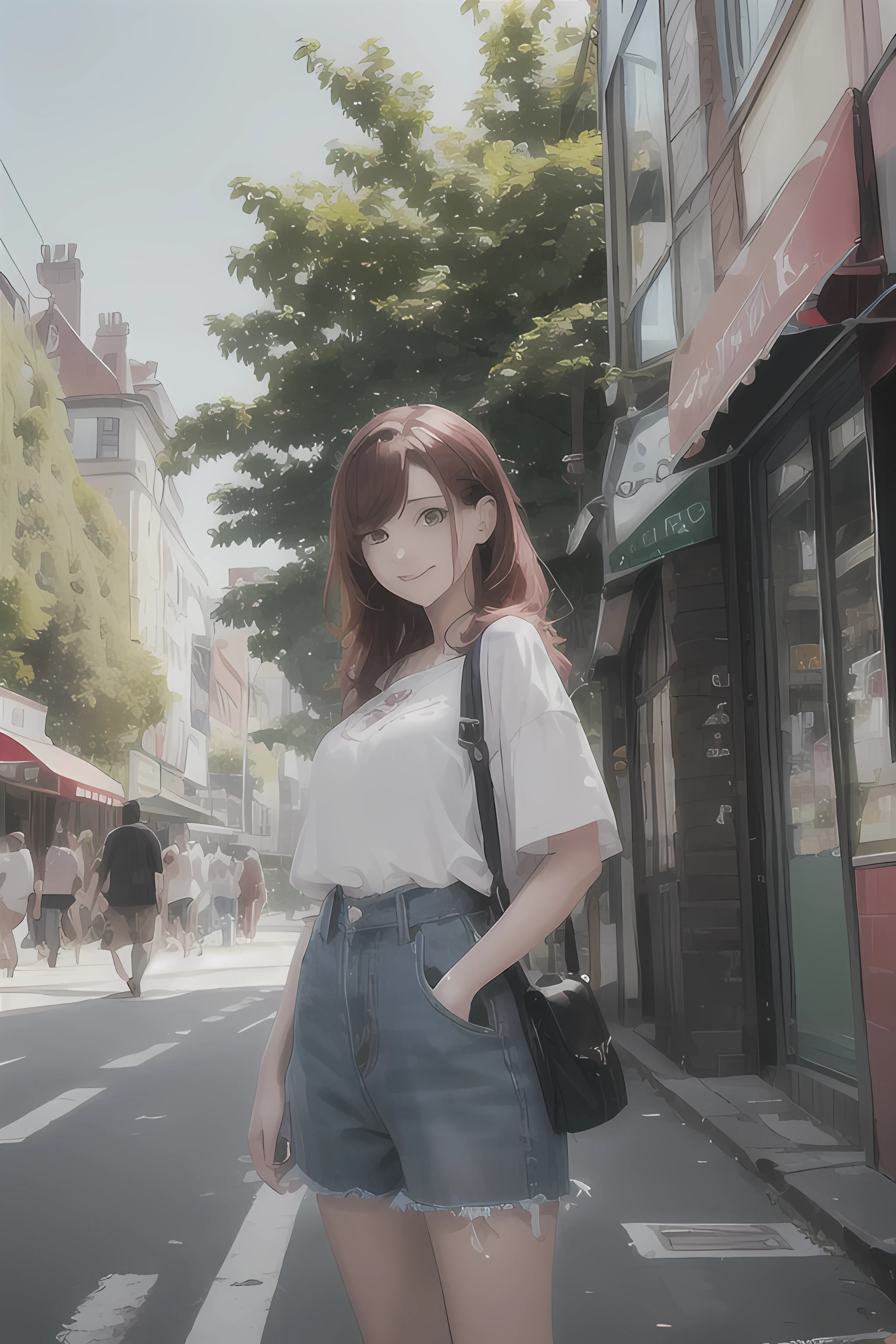 female (18 years old, red hair, green eyes, wearing casual modern clothing, pale skin, confident and smiling face) is standing in a vibrant cityscape, (colorful street art on the buildings, bustling with people, modern architecture), (bright sunlight creating dynamic shadows and highlights), beautiful day with clear blue sky, city streets with reflections on the windows, Looking out from a bustling urban park to the lively city, blooming flowers and lush greenery around, you can see the flowing wind rustling through the leaves, BREAK, quality (8k, wallpaper of extremely detailed CG unit, masterpiece, high resolution, top-quality, top-quality real texture skin, hyper realistic, increase the resolution, RAW photos, best quality, highly detailed, the wallpaper, cinematic lighting, ray trace, golden ratio), long view