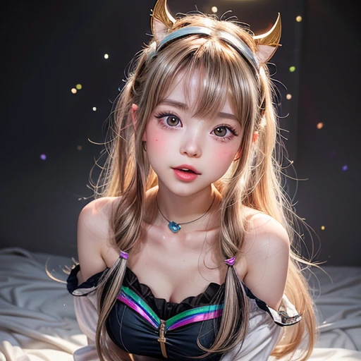 NSFW, 8k, High-level, absurd, masterpiece, best quality, primitive, very detailed CG, very detailed wallpaper, perfect lighting, Extremely detailed (((The personifying " Clarisse de Cagliostro " as a Girl))), MysticSight, Tyndall effect, Tyndall scattering, Studio gray background with (many Dazzling RainbowColor particles BokeH:1.28), (RoundlyButts, ThighGap), (Exposed:0.4), (Assfocus with looking ahead), BREAK (NOGIZAKA face variations) Extremely Detailed very KAWAII face variations, perfect anatomy, Childish, captivating gaze, elaborate detailed Eyes with (sparkling highlights:1.28), long eyelashes、Glossy RED Lips with beautiful details, Coquettish tongue, Rosy cheeks, Radiant PearlSkin with clear transparency . { (Dynamic LifeLike expressions:1.4) | :d) }, (large eyes:-1) .